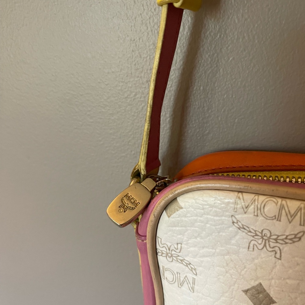 MCM Visetos Small Mini TwoWay Crossbody Leather Zip Bag Pink White Yellow Orange - Picture 4 of 9
